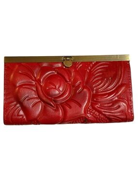Patricia Nash Cauchy Leather Wallet Red Lava Tooled RFID Blocking Push Lock